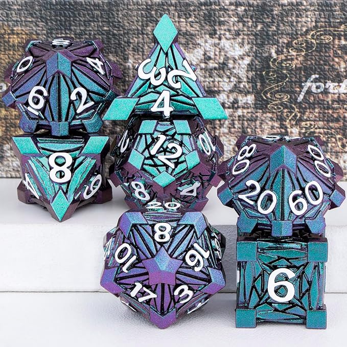 7PCS Metal DND Dice Set with Box, Debris RPG Green Purple D and D Dice for use with D&D Tabletop Games Role Playing Game Polyhedral Dice Set D20 D12 D10 D8 D6 D4