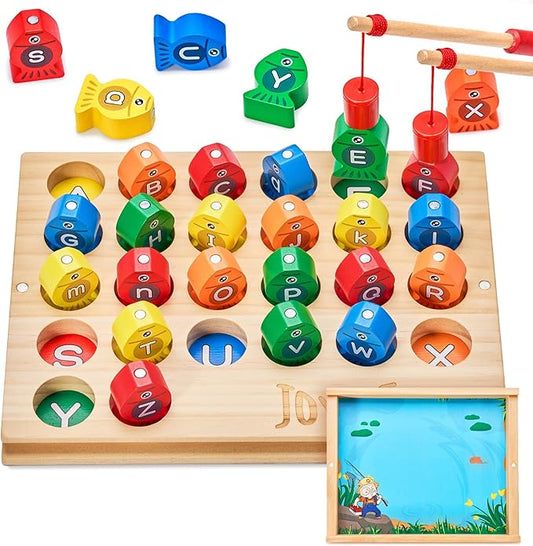 JoyCat Wooden Magnetic Fishing Game for Toddlers, Alphabet Educational Color Sorting Games Puzzle, Fine Motor Skills Toy with Letters, Preschool Learning ABC Toys Easter Gift for Kids 3 4 5 Years Old