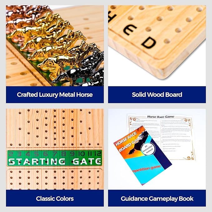 15.6 inches Horse Race Board Game, 13 Metal Horses, 4 Dice, 2 Boxes of Cards, Exciting Horse Racing Game for 11 Players with Solid Wood, Easy-to-Play, For Ages 8+ Ideal for Family and Freinds