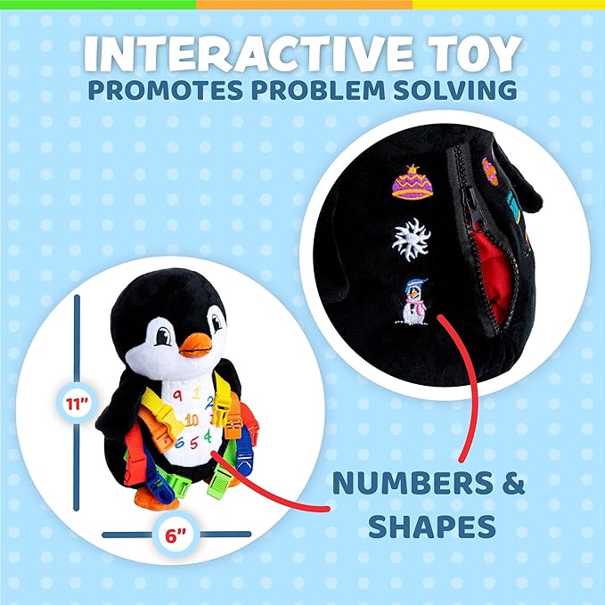 Buckle Toys Blizzard Penguin Plush Montessori Toys for Toddlers 1-3 Animal Sensory Toy to Develop Fine Motor Skills and Learn Shapes and Colors, Travel Essentials for Kids, Includes Storage Pocket