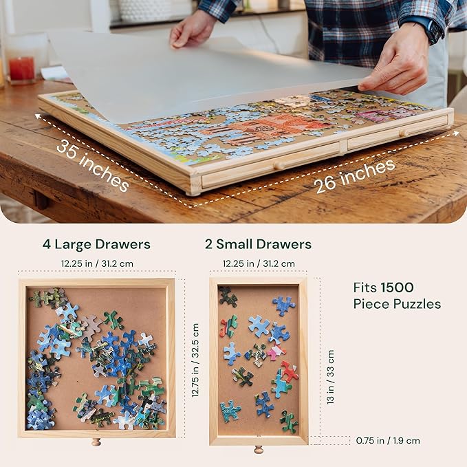 PlayVibe Puzzle Locker 1500 Piece Puzzle Board with Drawers and Cover - Jigsaw Solve Station - Sturdy Jigsaw Puzzles Table with 6 Drawers 27" x 35" - Portable Wooden Tray, Puzzles Accessories