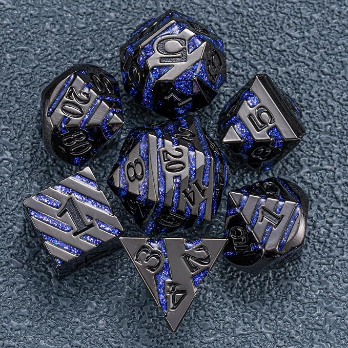Anitque Metal Dice D&D,Metal Glitter Stripe Dice 7pcs Set with Gift Case,Polyhedral Dice for Role Playing Game (Black Nickel Dark Purple)