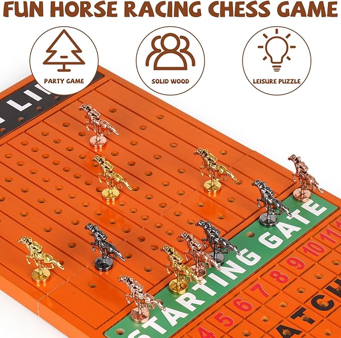 3-in-1 Horse Race Board Game &Checkers & Tic-Tac-Toe ๏ผ3 in1 Wooden Board Game Set for Kids & Adults Travel Family Foldable Horse Racing Board Game with 11 Metal Horses Interactive Strategy Game