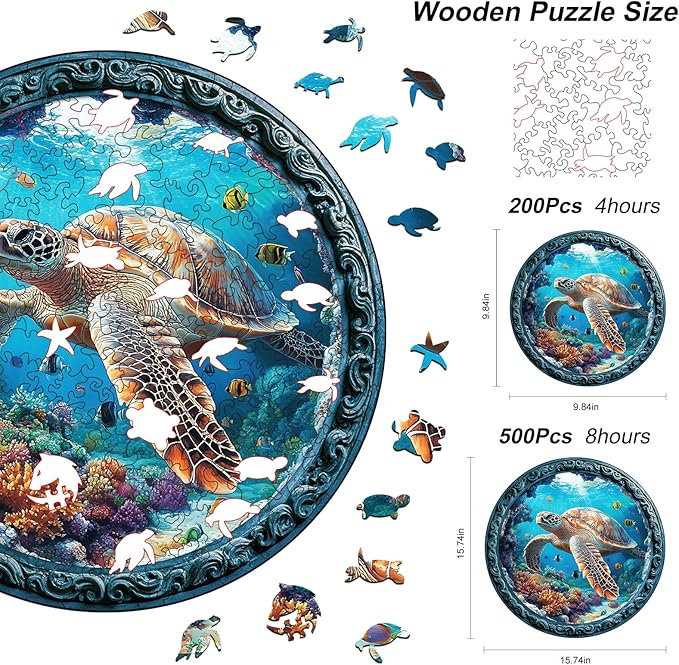 Wooden Puzzle for Adults โ Unique Sea Turtle-Shaped Jigsaw, Ocean Animal Design Brain Teaser for Kid & Teen 220 Pieces, 10"x10", Ships as Whole Puzzle Board, Gift-Ready Box, Fun Family Game,