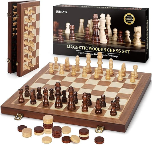 2 in 1 Magnetic Chess Set & Checkers Board Game, 15" Wooden Folding Chess Board with 2 Extra Queens, Portable Travel Chess Set with Pieces Storage Slots, Beginner Chess Board Game for Adults & Kids