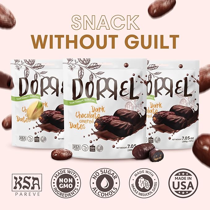 DORREL - Belgian Dark Chocolate Covered Medjool Dates, High Energy Vegan Choco Snack Delicious, Kosher & Non-GMO, Pack of 3 Chocolate Covered Dates, 7.05 oz / 200 g Ea