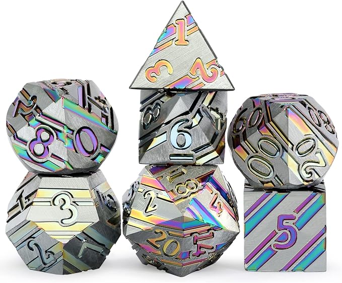 DNDND Rainbow Stripe DND Metal Dice Set,7 PCS Zinc Alloy with Gift Case for Dungeons and Dragons D&D (Rainbow)
