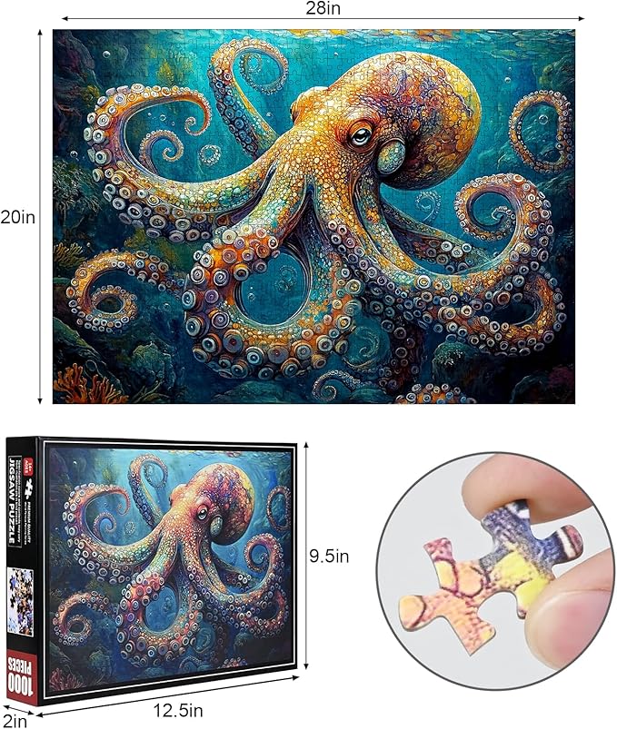 1000 Piece Puzzle for Adults - Deep Blue Octopus Jigsaw Puzzle, Intricate Underwater Art, Adult Challenge, Includes Poster & Storage Box