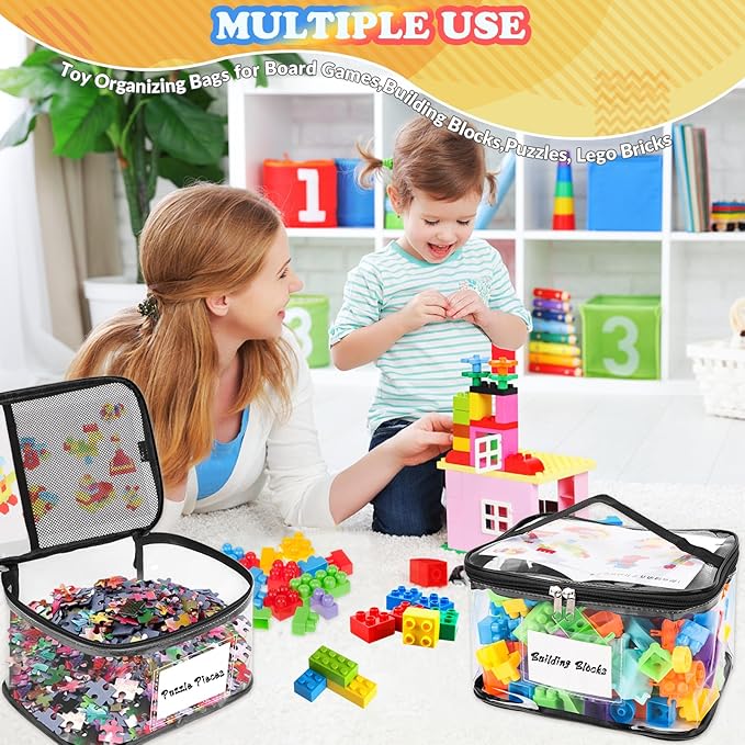 AOBOPLE 8 Pack Clear Toy Storage Bag with Name Tag & Manual Pocket, PVC Clear Toy Organizer Bags with Labels for Lego Bricks, Board Games, Building Blocks, Puzzles