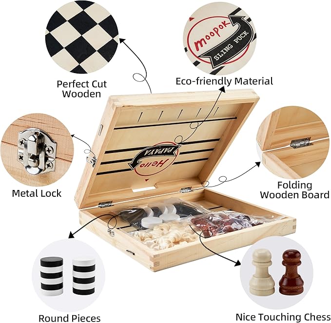 Fast Sling Puck Game - 2 in1 Chess Board and Desktop Battle Super Winner Game,Fast Action Wooden Air Hockey Board Game,Adults and Kids Family Friend Funny Slingshot Game Toys