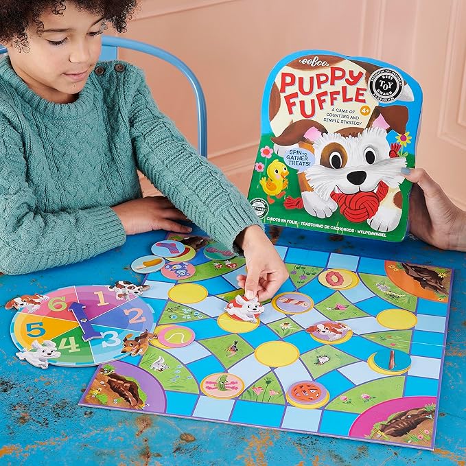 eeBoo: Puppy Fuffle - A Game of Counting & Simple Strategy, Kids Spinner Board Game, Collect Toys & Treats, Preschool, Ages 4+, 2-4 Players, 15-25 Min