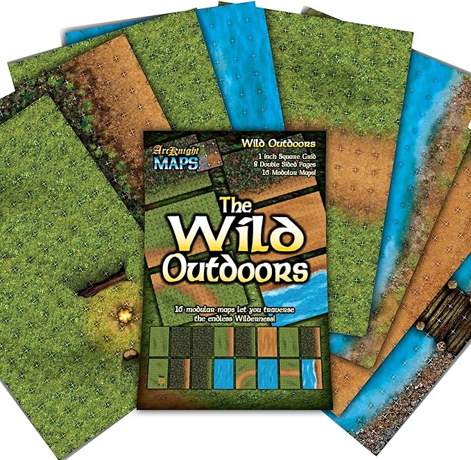 Arcknight The Wild Outdoors Roleplaying Battlemaps; 16 Modular RPG Maps in 8 Double-Sided Pages, 1" Square Grid, Modular & Versatile Design for Tabletop Gaming - for Dungeons & Dragons, Pathfinder