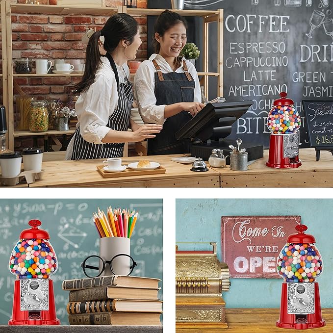 Gumball Machine - 12 Inch Candy Dispenser for 0.62 Inch Bubble Gum Ball and More - Vintage Heavy Duty Red Metal with Large Glass Ball- Easy Twist-Off Refill - Free or Coin Operated - by The Candery