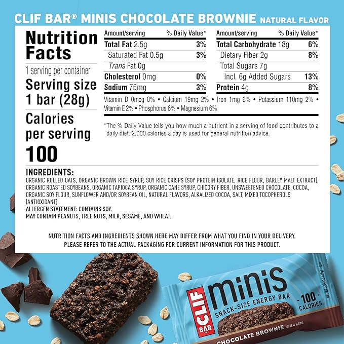 CLIF BAR Minis - Chocolate Brownie Flavor - Made with Organic Oats - 4g Protein - Non-GMO - Plant Based - Snack-Size Energy Bars - 0.99 oz. (20 Pack)