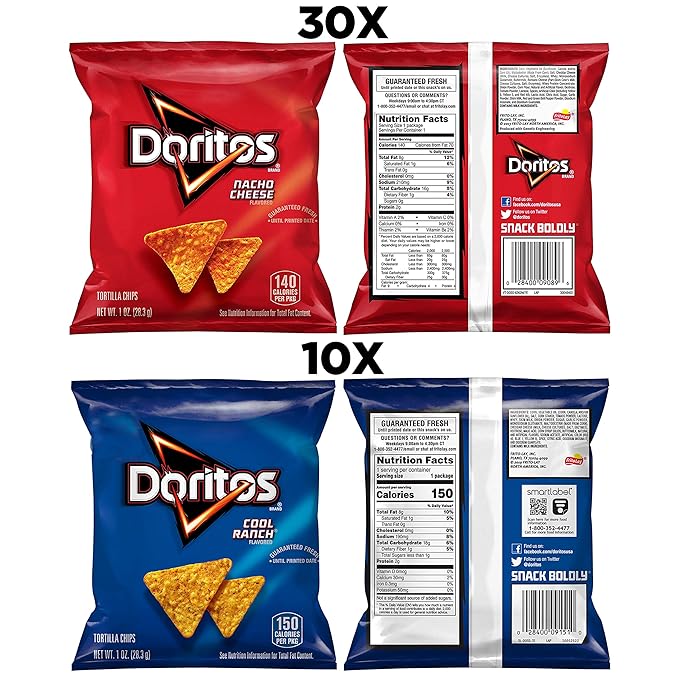 Doritos Flavored Tortilla Chips, Favorites Variety Pack (Nacho Cheese and Cool Ranch), 1 Ounce (Pack of 40)