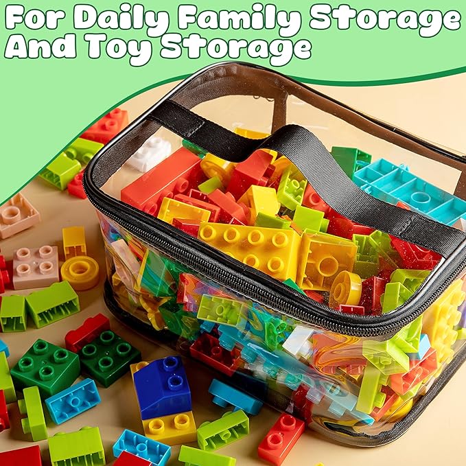 4 Packs Clear Toy Storage Bags- 9.4 x 6.7 x 4.3 Inch Transparent PVC Toy Organizing Bags with Zipper- Waterproof Toy Storage Organizer Pouch for Building Blocks, Small Toys (Black)