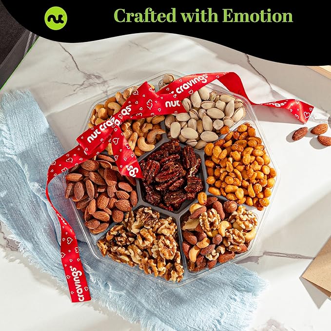 NUT CRAVINGS - Mixed Nuts Gift Basket + Heart Ribbon (7 Assortments) Food Arrangement, Healthy Snack Care Package, Kosher