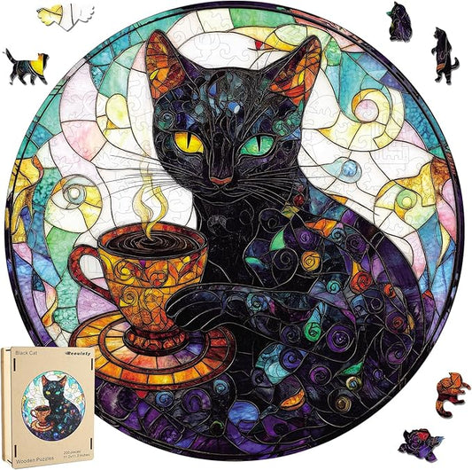 Reouinty Wooden Puzzle for Adults, Black Cat Wooden Jigsaw Puzzles(11.2 * 11.2in-200pcs), Unique Animal Shape Wood Cut Puzzles Best Gift for Adults and Kids Family Game