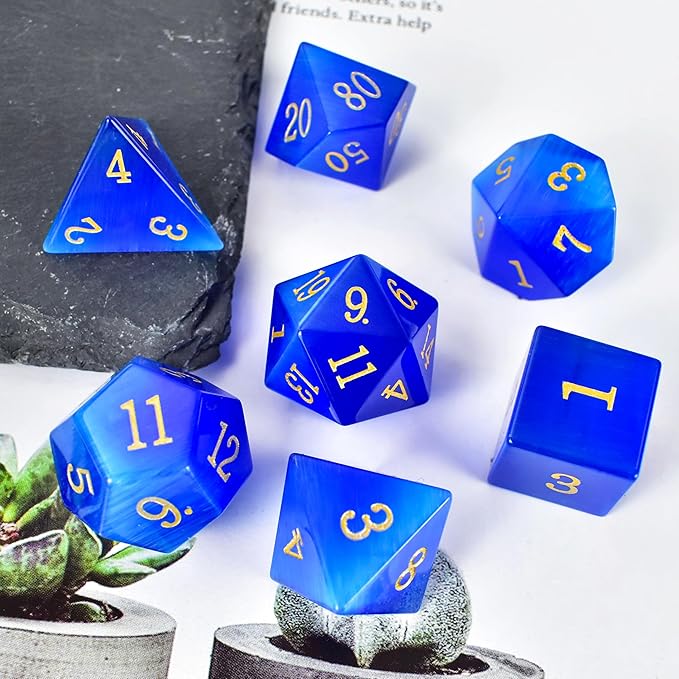 Gemstone DND Stone Dice Sets D&D 7 Pcs Polyhedral Dice Set Handmade Blue Cat's Eye Stone Dice Set Natural Gemstone Dice Sets with Metal Case for Dungeons and Dragons RPG MTG Tabletop Games