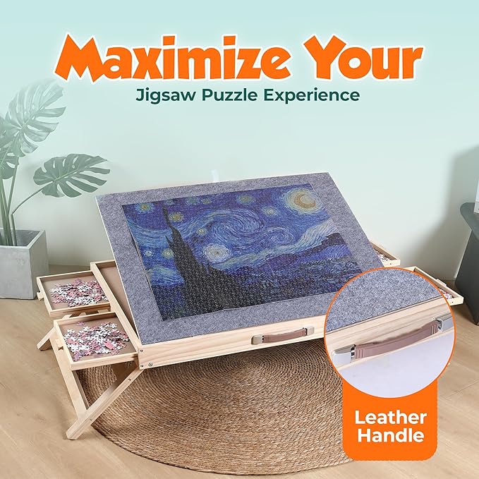 1500 Piece Jigsaw Puzzle Table with Drawers - 34” X 25” - Wooden Puzzle Table with Cover | 3-Tilting-Angle Adjustable & 4 Drawers - Portable and Felted Anti-Slip Surface