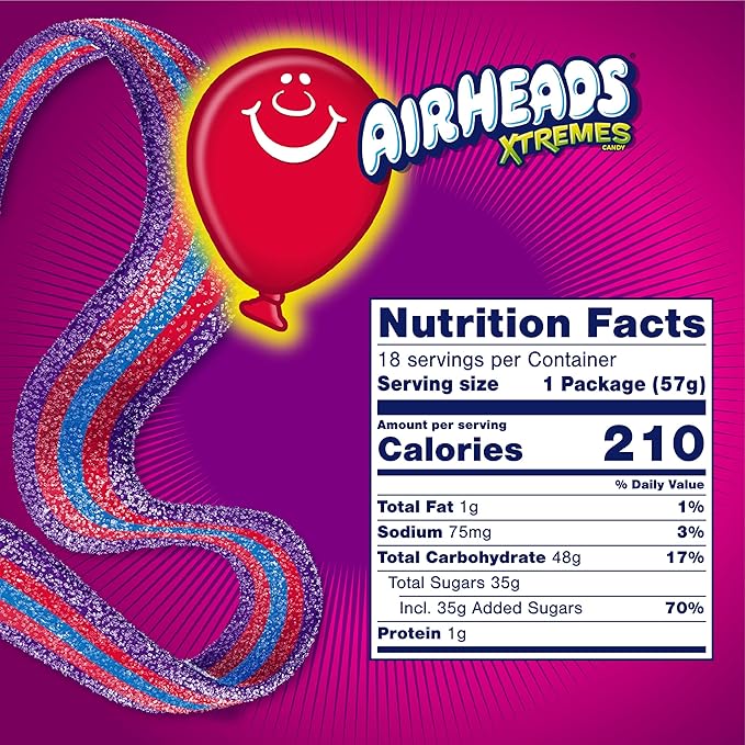 Airheads Xtremes Sweetly Sour Candy Belts, Halloween Trick or Treat Taffy Candy Variety Pack, Individually Wrapped Bulk Candy for Adults & Kids, Very Berry Flavor Artificially Flavored, 18 Count Box
