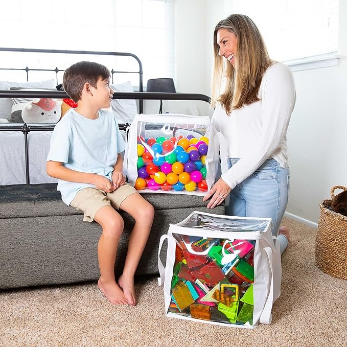 2 Pack Extra Large Toy Storage Clear Bags with Zipper 14"x14"x14" Clear Plastic Bins with Handle, Toy Organizer for Kids playroom, Blocks, Clothes, Stuffed Animal Storage