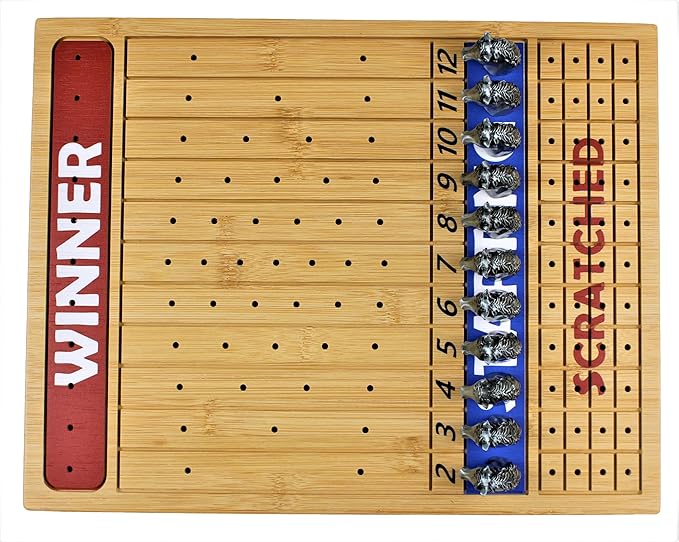 Metal Horse Race Board Game Set with Horse Racing Thick & Solid Wood Game Board, 11 Luxurious & Durable Classic Silver Colored Metal Craft Horses, Dice and Cards for Horseracing (HR-551)