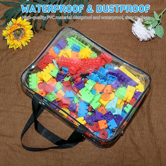 9 Packs Clear PVC Toy Storage Bags Include 6 Pcs Large and 3 Pcs Medium Toy Organizer Bags with Labels, Portable Handheld Zipper Bags for Organizing Board Game, Building Blocks, Puzzle, Kids Books