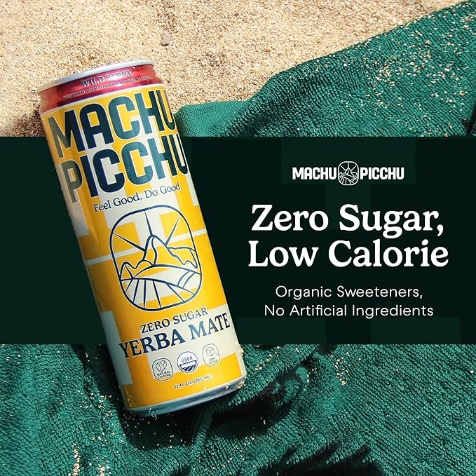 MACHU PICCHU ENERGY, Zero Sugar Yerba Mate, Clean Energy Drink Alternative, 12oz (Pack of 12) - 120mg Organic Green Coffee Bean Caffeine, Low Calorie, USDA Organic, No Artificial Flavors (Wild Berry)