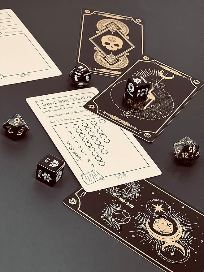 Citadel Black Tabletop RPG Accessory Card Set of 50 D&D, Gold Foil Spell Slot Tracker, Item and Spell Cards, Blank Notes for Dungeons and Dragons 5th Edition & Other Tabletop Games