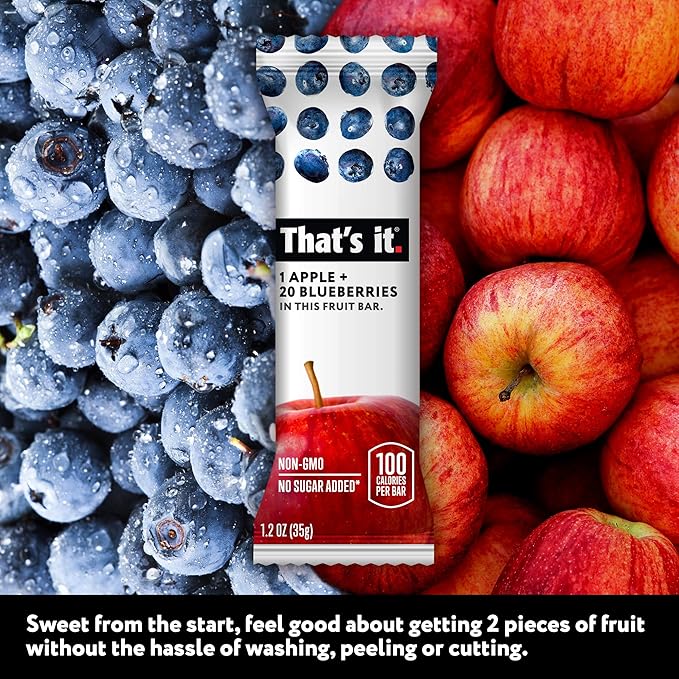 That's it. Apple + Blueberry 100% Natural Real Fruit Bar, Best High Fiber Vegan, Gluten Free Healthy Snack, Paleo for Children & Adults, Non GMO No Sugar Added, No Preservatives Energy Food (12 Pack)