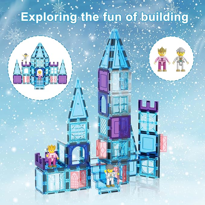 PicasssoTiles 72 Piece Magnetic Building Tiles Castle Winter Ice Theme Construction Magnet Block Set with Princess Prince Character Stairs Windows Doors STEM Learning Educational Toy Kids Ages 3+ PT72