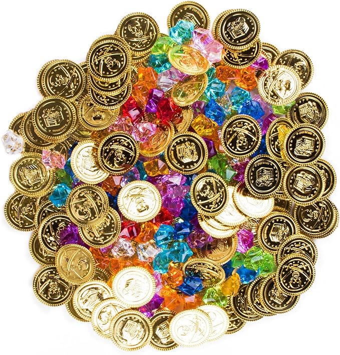 Super Z Outlet Pirate Plastic Gold Colored Coins Buried Treasure and Pirate Gems Jewelry Playset Activity Game Piece Pack Party Favor Decorations (120 Coins + 120 Gems)