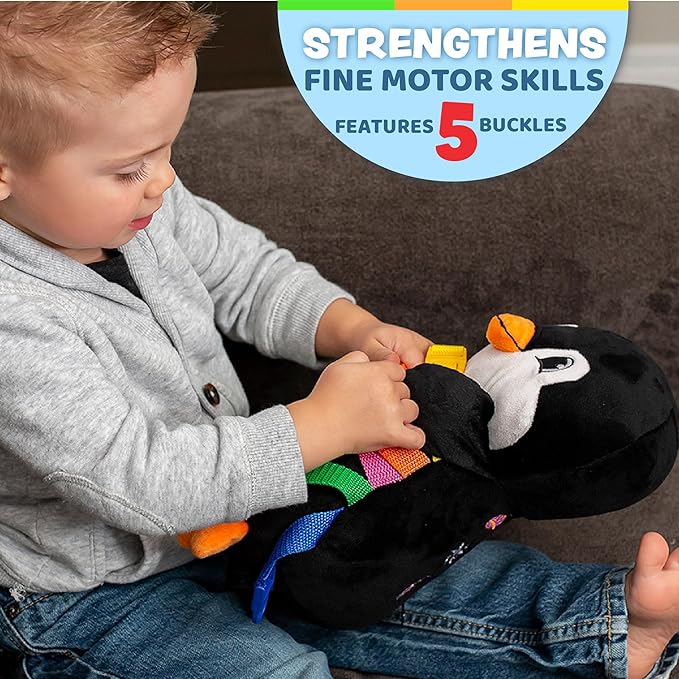 Buckle Toys Blizzard Penguin Plush Montessori Toys for Toddlers 1-3 Animal Sensory Toy to Develop Fine Motor Skills and Learn Shapes and Colors, Travel Essentials for Kids, Includes Storage Pocket