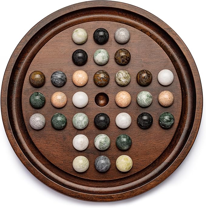 Deluxe Solitaire Game Set: 12.6'' Solid Wooden Board, 32 Natural Marble Balls, Single-Player Strategy and Smart Games