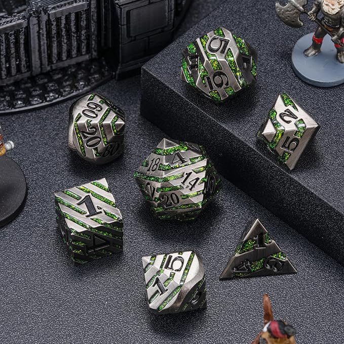 Stripe Metal Dice Set D&D,7PCS Solid Metal Glitter Dice with Gift Box,RPG Polyhedral Dice Set for DND Table Game