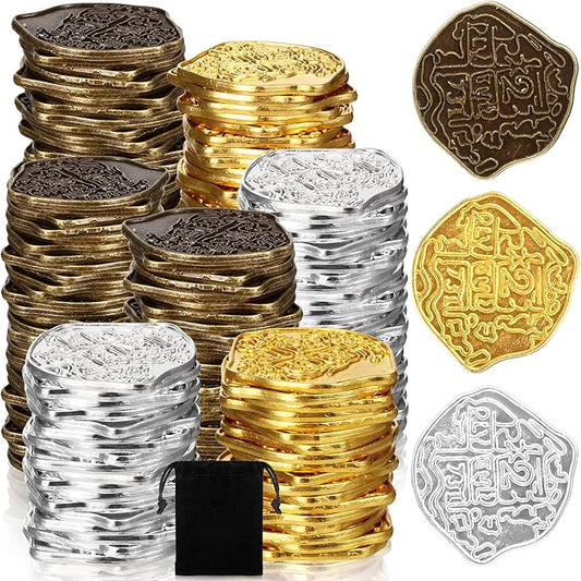 Hanaive 100 Pcs Metal Pirate Coins Treasure Chest Spanish Doubloon Fake Coins Tokens for Kids Board Games Pirate Party Cosplay (Novelty Style)