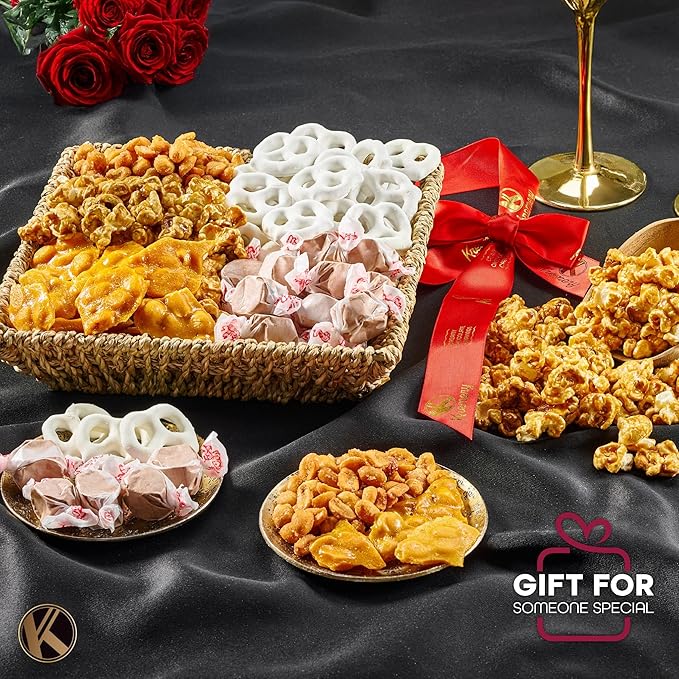 KREMERY Creamy Chocolate Cravings - Chocolate Covered Pretzels & Caramel Popcorn Gift Basket, in Seagrass Tray + Ribbon (Classic, 1.5 lbs) Food Arrangement, Kosher Dairy, USA Made