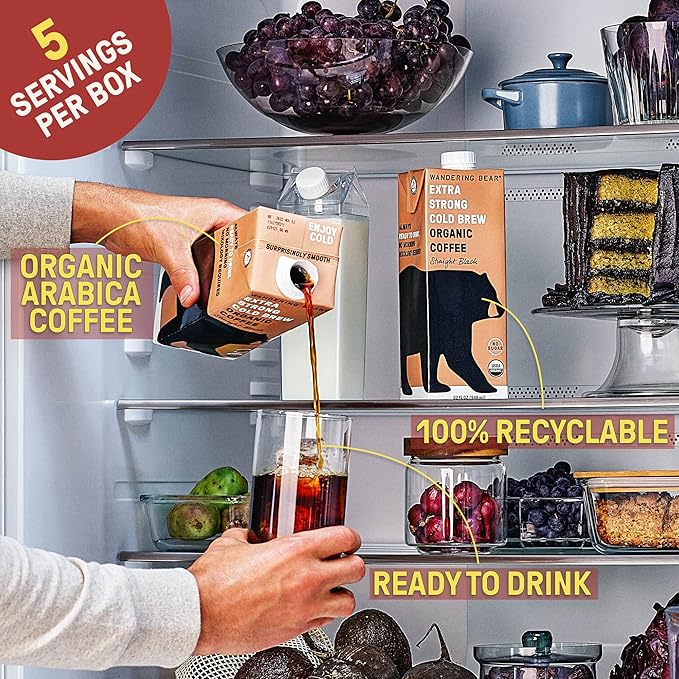 Wandering Bear Organic Mocha Cold Brew Coffee, 32 fl oz, 6 pack - Extra Strong, Bold, Smooth, Unsweetened, Shelf-Stable, Ready to Drink, Gluten Free, & Vegan, Iced Cold Brewed Coffee Drinks