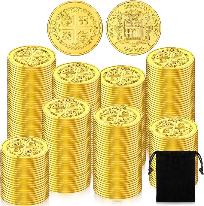 Hanaive 100 Pcs Metal Pirate Coins Bulk Gold Fake Coins Spanish Doubloon Tokens for Kids Board Games Pirate Party Cosplay(Round)