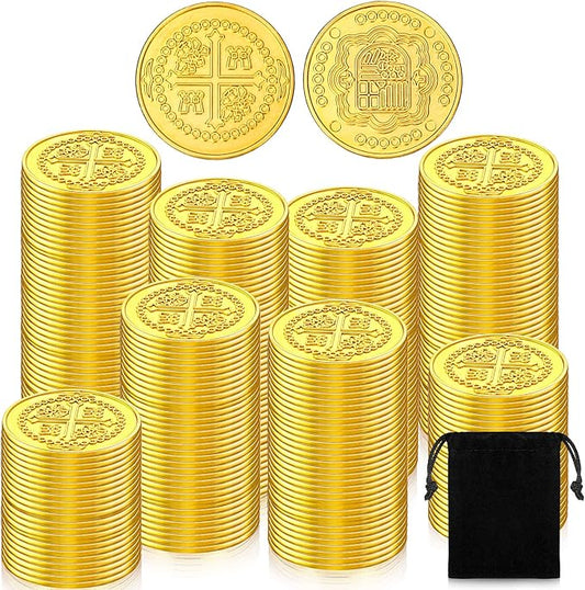 Hanaive 100 Pcs Metal Pirate Coins Bulk Gold Fake Coins Spanish Doubloon Tokens for Kids Board Games Pirate Party Cosplay(Round)