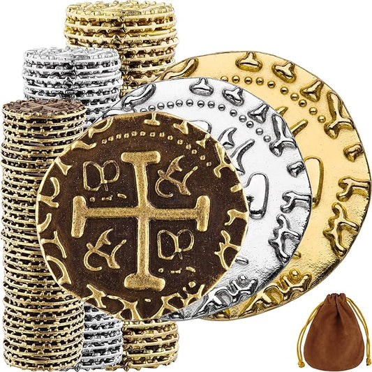 Large Pirate Coins - 102 Bronze, Silver & Gold Treasure Coin Set - Metal Replica Spanish Doubloons for Board Games, Tokens, Cosplay, Realistic Money Imitation, Pirate Treasure Chest - M, L, XL Sizes