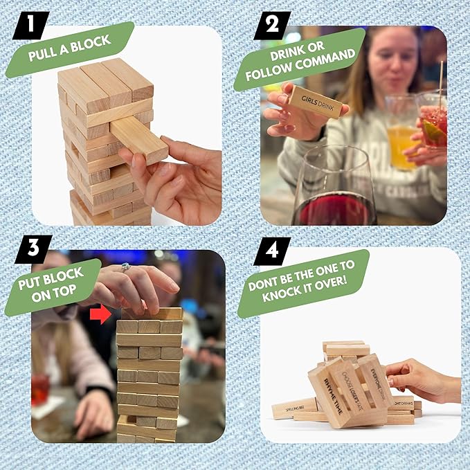 Adult Drinking Game - 54 Blocks with Hilarious Drinking Commands on 40 of Them | Perfect Party Starter | Entertaining Party Game for Adults | Novelty Funny Gift (Natural)