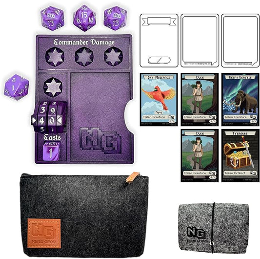 NERD GEAR Commander Essentials Kit - Ultimate Accessory for MTG Commander EDH - MTG Command Zone Tray - Health Counter - Spin Down Dice - Dry Erase Tokens (Mystic Purple)