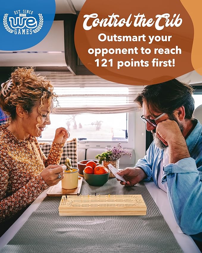 WE Games Wooden Cribbage Board Game Set, Continuous 3 Track for 2-3 Players, Travel Cribbage Board with Card Storage, Includes 9 Metal Pegs & Deck of Cards, Card Games, Classic Board Games for Adults