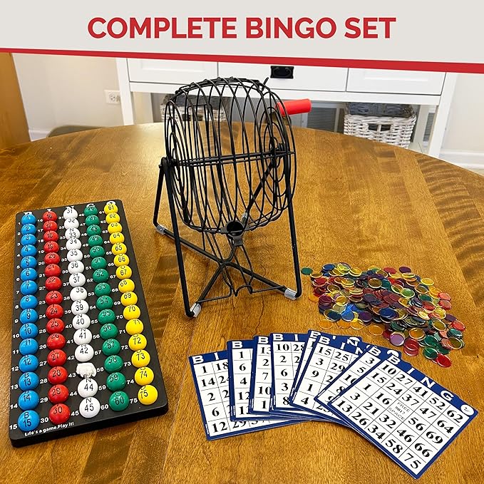 MR CHIPS 11" (Inch) Tall Professional Bingo Set with Steel Cage, Everlasting 7/8” Balls, 18 Cards and 300 Chips - Mysterious Black Color