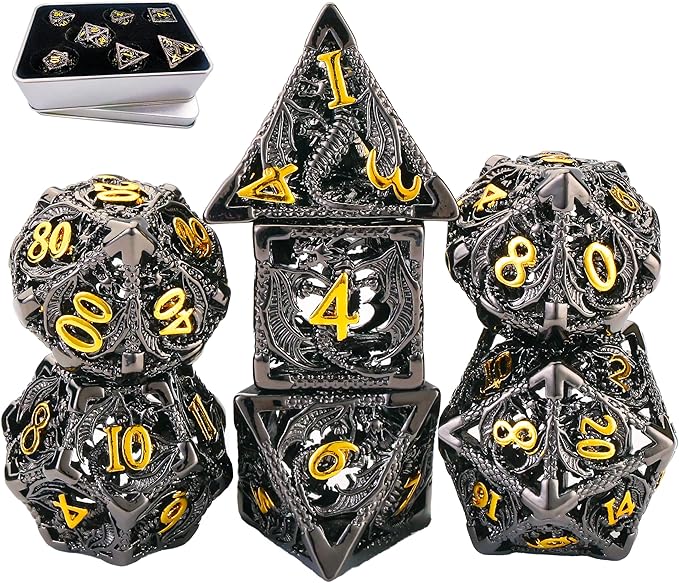 Metal DND Dice Set Dungeons and Dragon Dice Set Hollow Dragon Polyhedral Magic 7 PCS Dice Set with Gift Metal Box for Dungeons and Dragons Table Games Play Cards MTG(Dragon_Black Plus Gold)