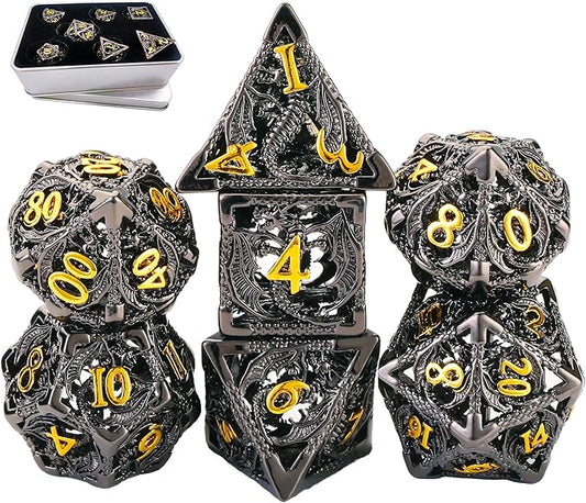 Metal DND Dice Set Dungeons and Dragon Dice Set Hollow Dragon Polyhedral Magic 7 PCS Dice Set with Gift Metal Box for Dungeons and Dragons Table Games Play Cards MTG(Dragon_Black Plus Gold)