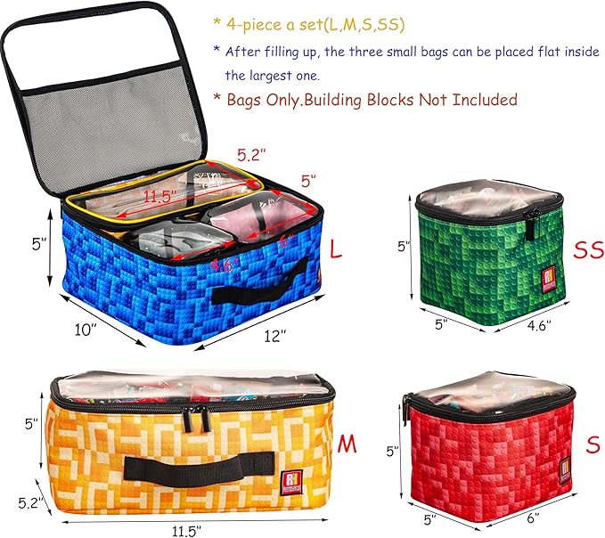 4-piece Kids Toy Storage Organizer Set Bag for Lego Building Bricks with See Through Clear TPU Top, Small Toy Packing Cube Bags, Clean Up Container case (grid pattern)