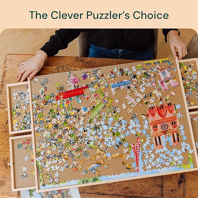 PlayVibe Puzzle Locker 1000 Piece Puzzle Board with Drawers and Cover - Solve Station - Sturdy Puzzles Table with 4 Drawers 22 1/4” x 30" - Jigsaw Portable Wooden Puzzles Tray Accessories